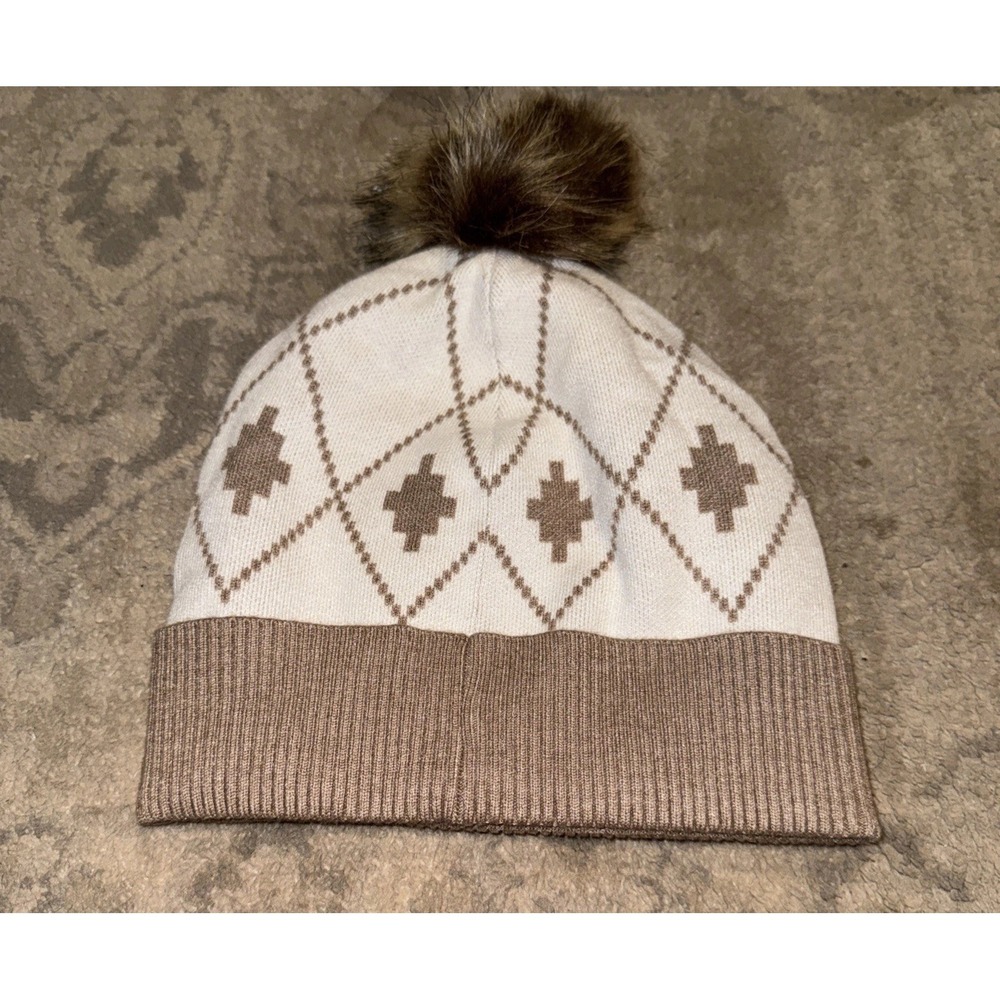 Rachel Zoe Winter Knit Hat White Tan pattern with pom pom NWOT